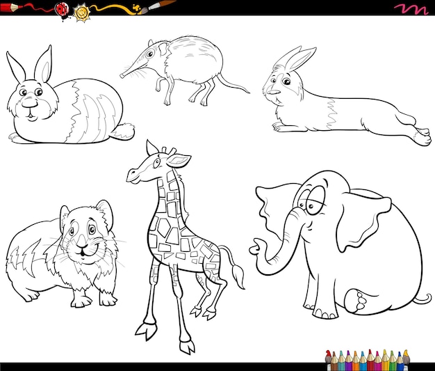 cartoon illustration of animals characters set coloring book page