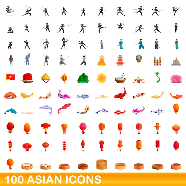 Cartoon illustration of asian icons set isolated on white