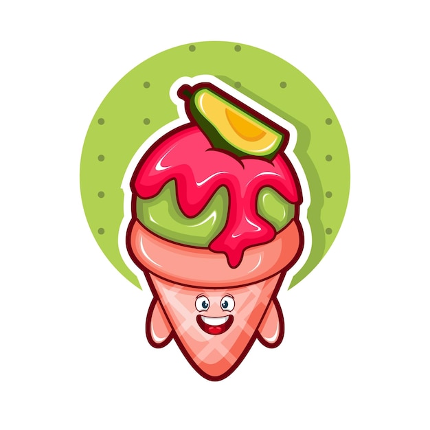 Cartoon illustration of avocado ice cream with smile face