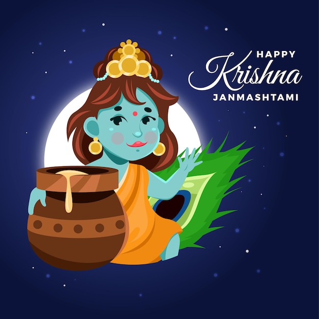 Cartoon illustration of baby krishna eating butter