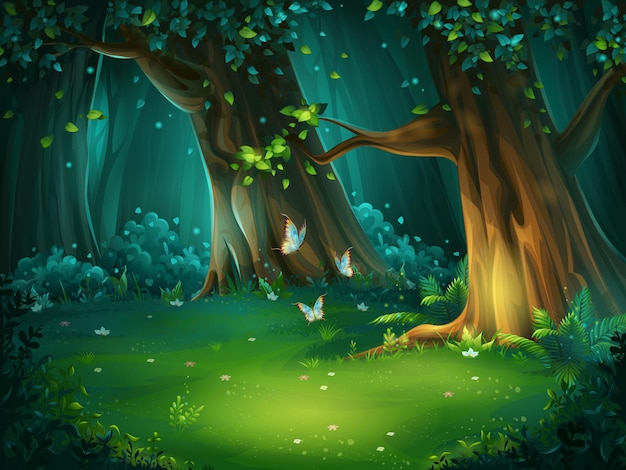 cartoon illustration of background forest glade. Bright wood with butterflies. For design game, websites and mobile phones, printing.