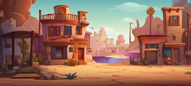 Vector cartoon illustration background landscape scene house art building sky vector game town desert cit