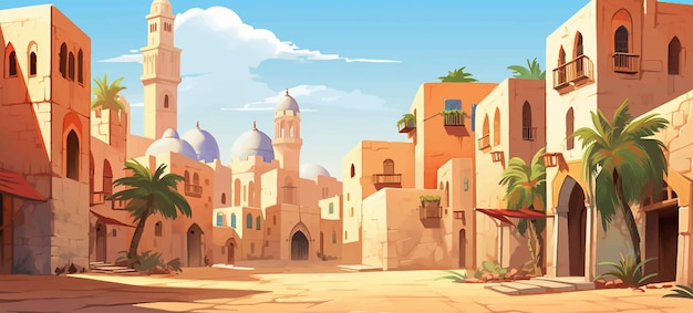 Vector cartoon illustration background landscape scene house art building sky vector game town desert cit