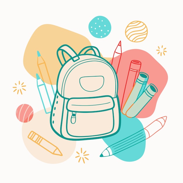 Cartoon illustration of a backpack with pencils and other school supplies