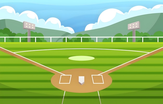 a cartoon illustration of a baseball field with a view of the city