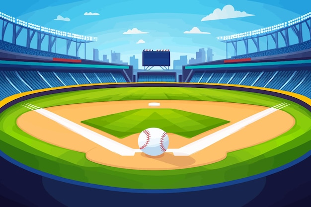 a cartoon illustration of a baseball game with a city in the background