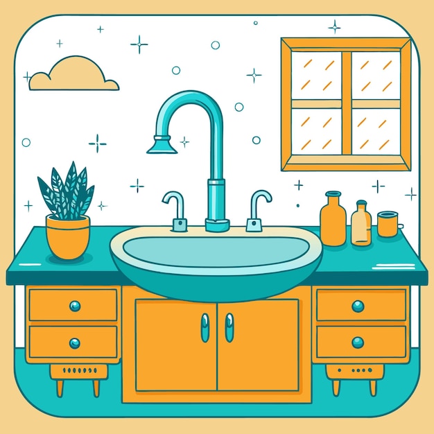 Vector a cartoon illustration of a bathroom sink with a faucet soap bottles and a plant on the counter