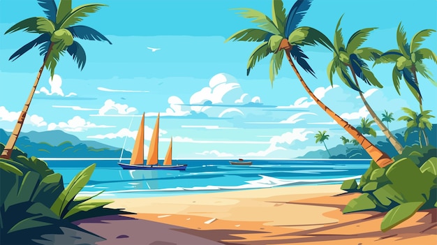 a cartoon illustration of a beach scene with palm trees and boats