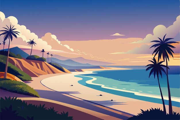 Vector a cartoon illustration of a beach scene with palm trees and the ocean in the background