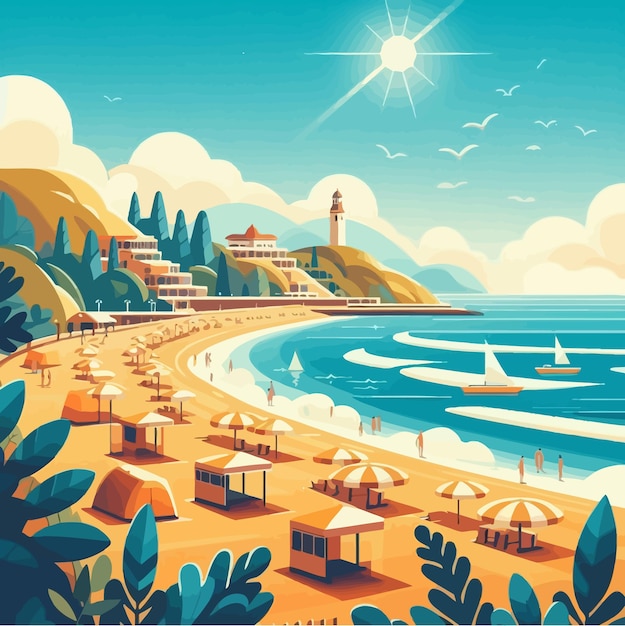 a cartoon illustration of a beach scene with a sailboat and the sun in the sky