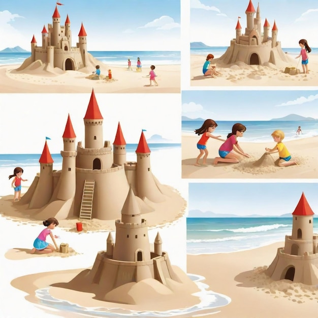 Vector a cartoon illustration of a beach scene with a sand castle and the ocean