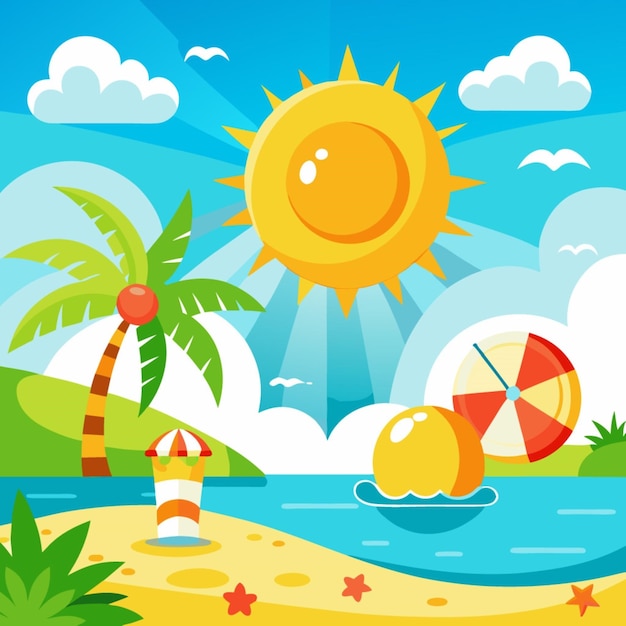 Vector a cartoon illustration of a beach scene with a sun and palm trees