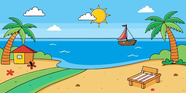 Vector a cartoon illustration of a beach with a boat and a dock