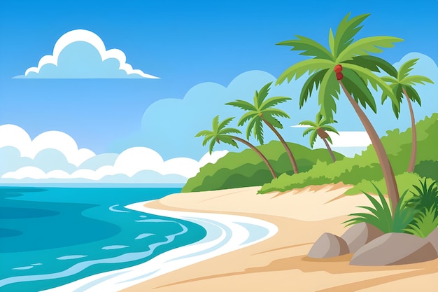 a cartoon illustration of a beach with palm trees and a beach scene