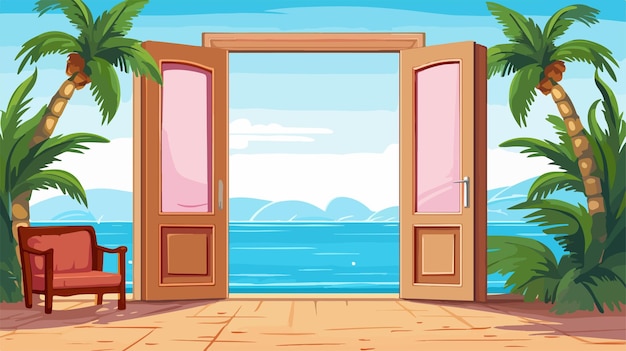 Vector a cartoon illustration of a beach with a view of the ocean and mountains