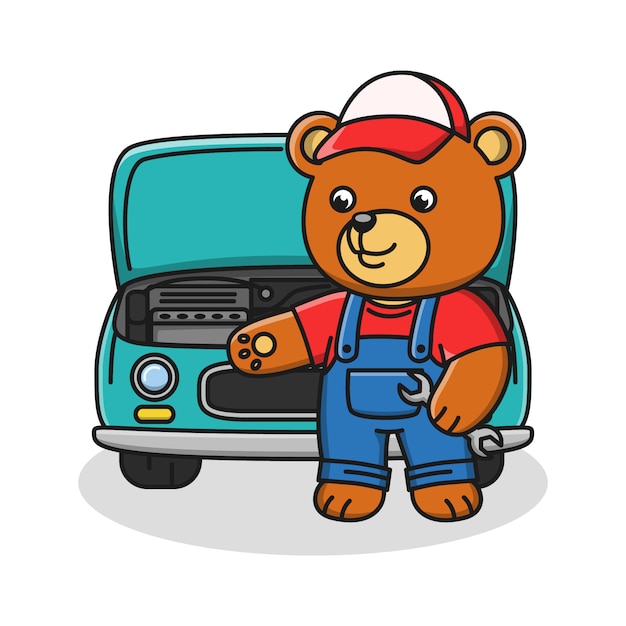 Cartoon illustration of a bear fixing a car