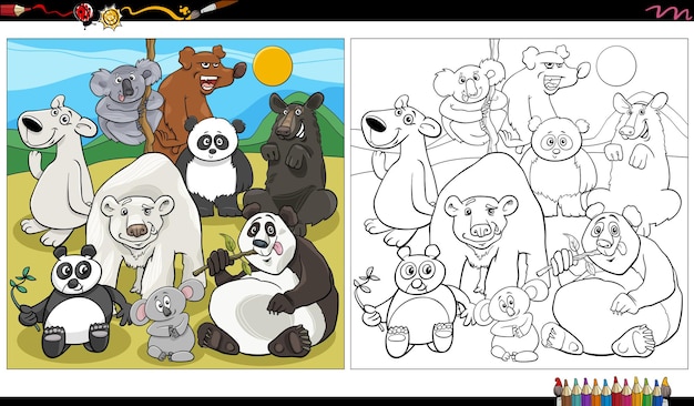 Cartoon illustration of bears animal characters coloring book page