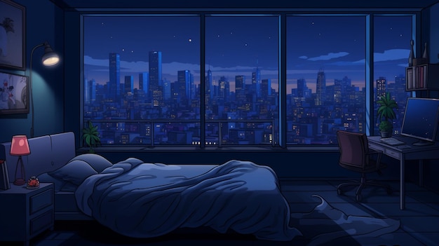 Vector a cartoon illustration of a bed with a book on the floor and a city in the background