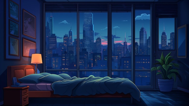 Vector a cartoon illustration of a bedroom with a cityscape in the background