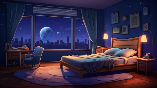 a cartoon illustration of a bedroom with a view of the city