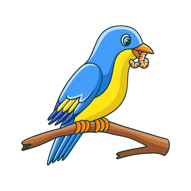 Cartoon illustration birds eat their food on tree trunks