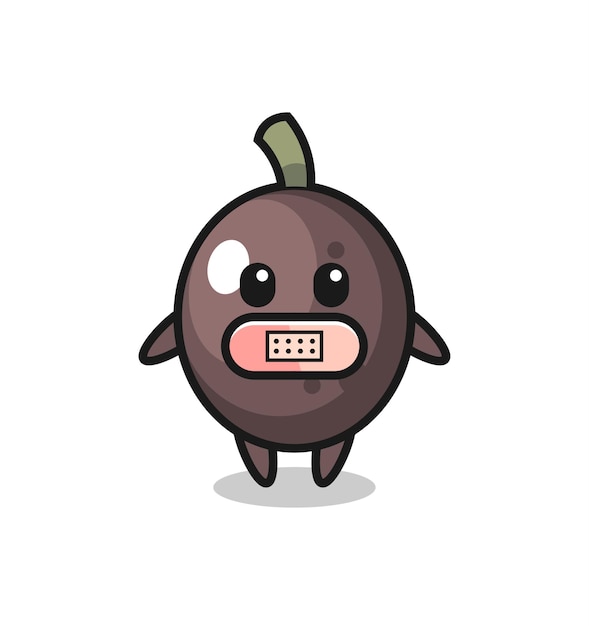 Cartoon Illustration of black olive with tape on mouth