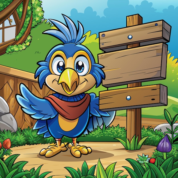 a cartoon illustration of a blue bird with a sign that says  welcome to the top right