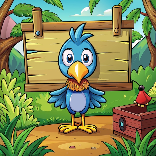 a cartoon illustration of a blue bird with a wooden sign that says  the word  on it