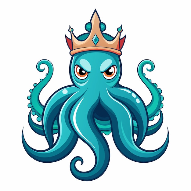 A cartoon illustration of a blue octopus wearing a gold crown with a red jewel