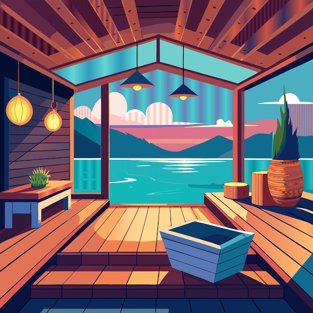 Vector a cartoon illustration of a boat on a deck with a boat and lights