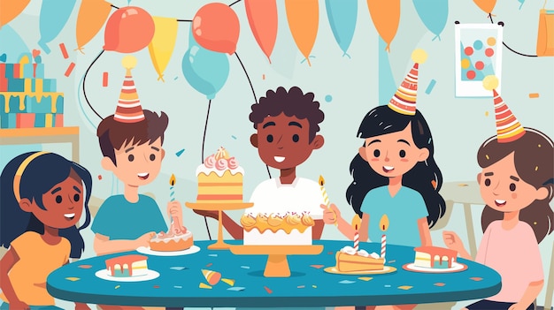 Vector a cartoon illustration of a boy and a boy with a birthday cake