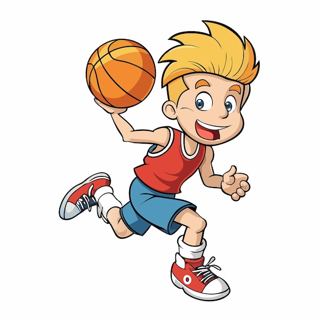 Cartoon Illustration of a Boy Enthusiastically Playing Basketball