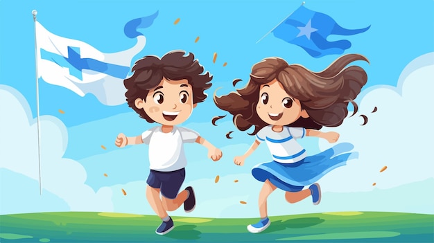 a cartoon illustration of a boy and a girl running in a field