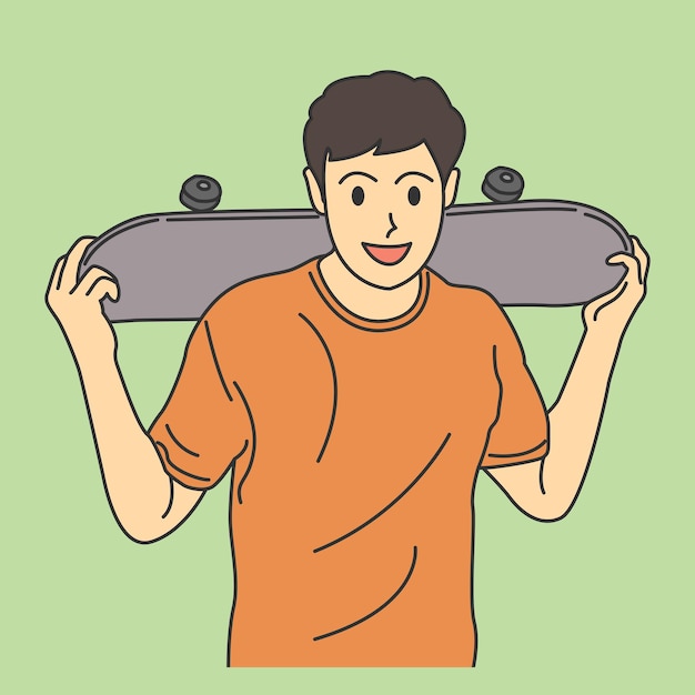 Cartoon illustration of a boy holding a skateboard on his shoulders