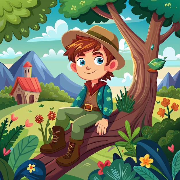 a cartoon illustration of a boy sitting on a tree with a mountain in the background