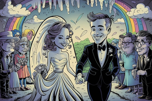 a cartoon illustration of a bride and groom holding hands