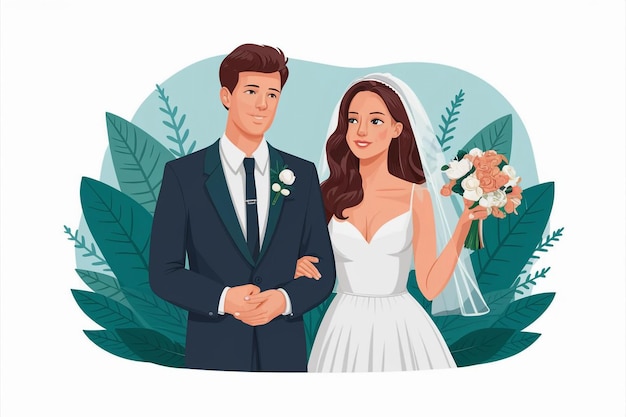 a cartoon illustration of a bride and groom in a tropical forest