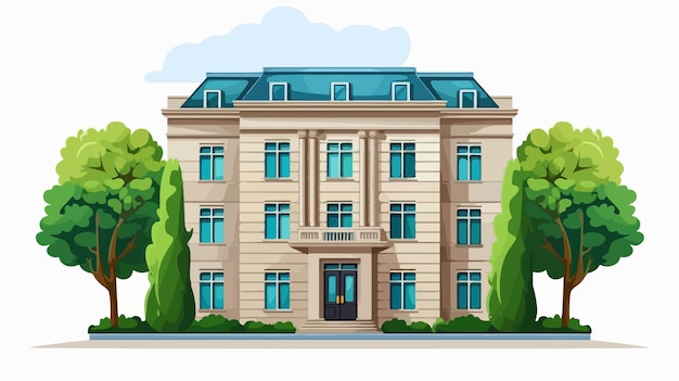 a cartoon illustration of a building with trees and bushes on a white background vector