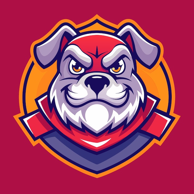 Vector cartoon illustration of a bulldog with red white and blue colors wearing a red and blue scarf