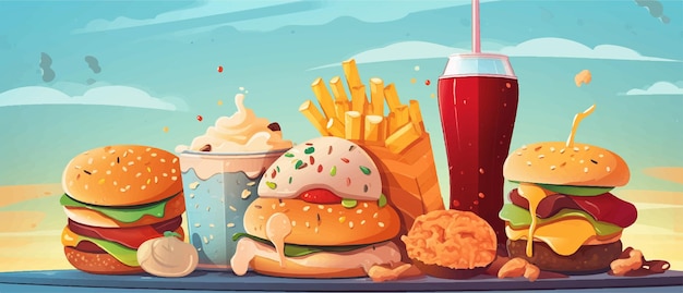 a cartoon illustration of a burger and a bag of food with a drink and a sandwich