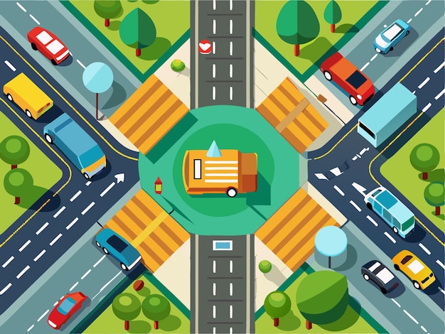 a cartoon illustration of a busy intersection with cars and a bus