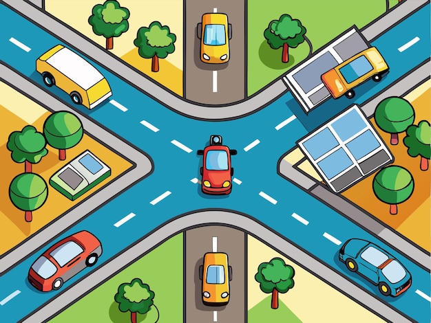 Vector a cartoon illustration of a busy intersection with cars and a crosswalk