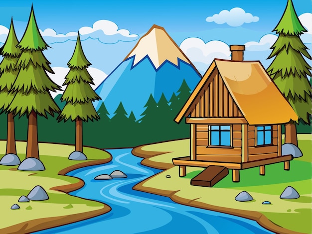 a cartoon illustration of a cabin with a river and mountains in the background