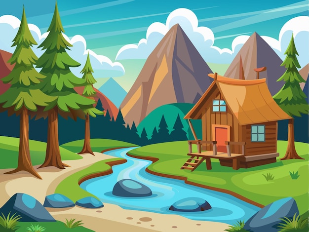 a cartoon illustration of a cabin with a river and mountains