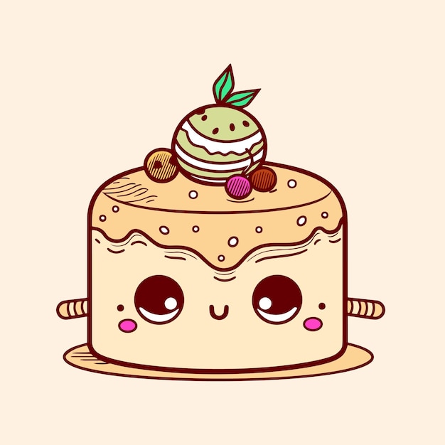 A cartoon illustration of a cake with a face and eyes.