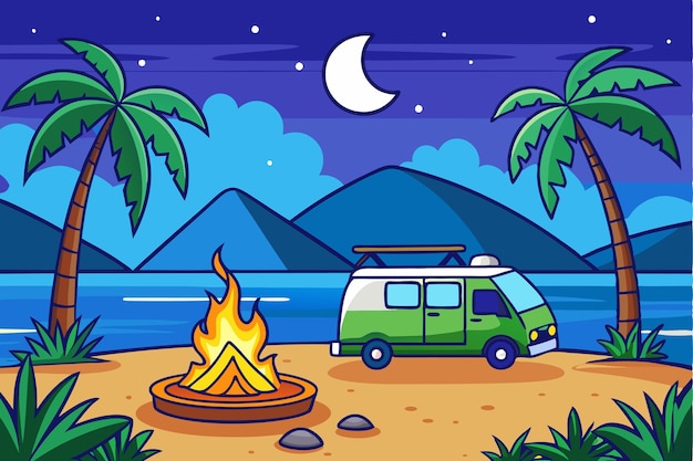 Vector a cartoon illustration of a camper van with a campfire on the beach