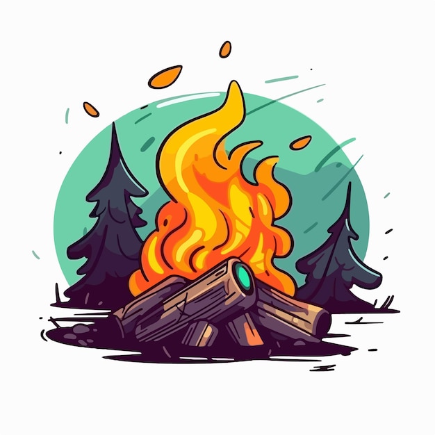 Cartoon illustration of a campfire with a fire in the woods