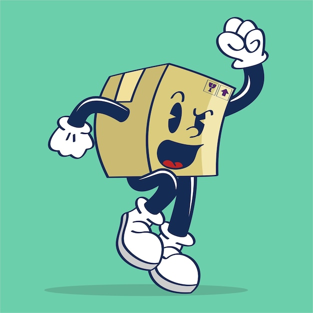 A cartoon illustration of a cardboard box running and smiling.