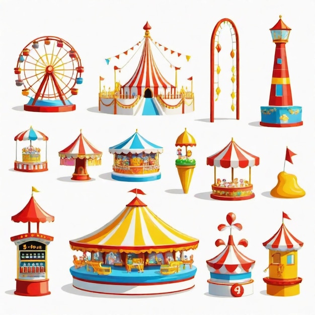 Vector a cartoon illustration of a carnival with many different things including a ferris wheel