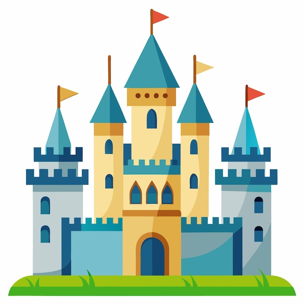 a cartoon illustration of a castle with a blue roof and red flags